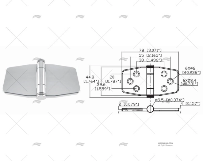 HINGE BUTTERFLY UP 39.6 x 78mm INOX 316 MARINE TOWN