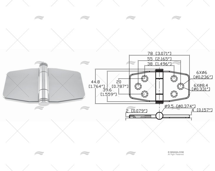 HINGE BUTTERFLY UP 39.6 x 78mm INOX 316 MARINE TOWN