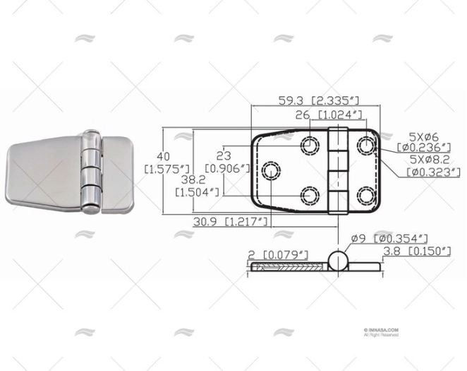 BISAGRA C/TAPA 38.2 X 59.3 mm INOX 316 MARINE TOWN