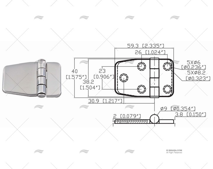 COVERED HINGE 38.2 X 59.3 mm INOX 316 MARINE TOWN