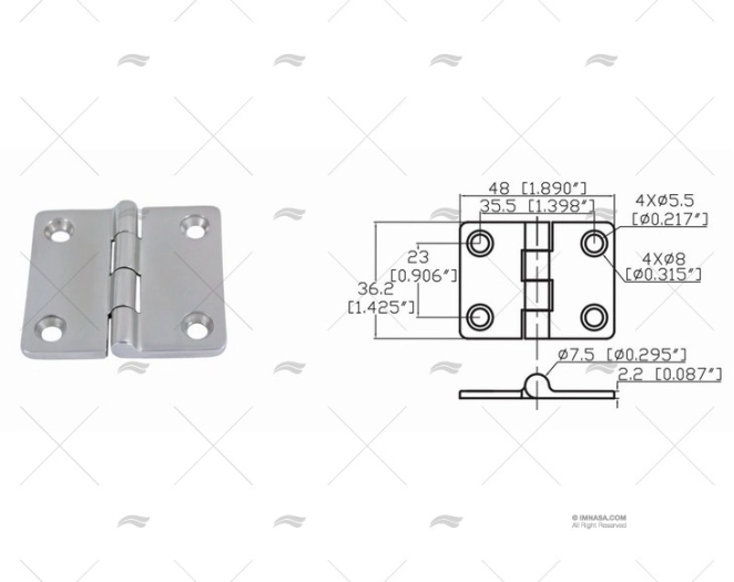 BUTT HINGE UP 36.2 X 48mm INOX 316 MARINE TOWN