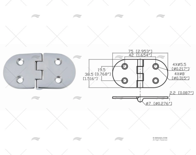 BISAGRA DOWN 38.5 X 75mm INOX 316 MARINE TOWN