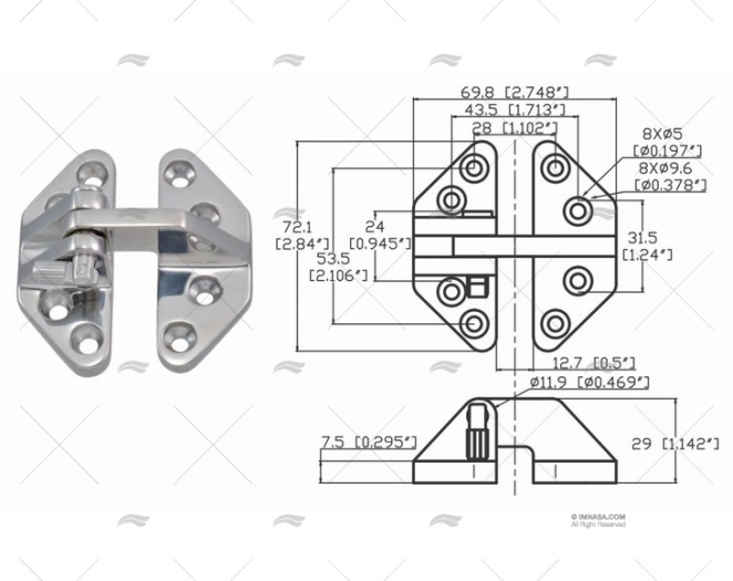 CHARNIERE W/PIN 72 X 69.8mm INOX 316 MARINE TOWN